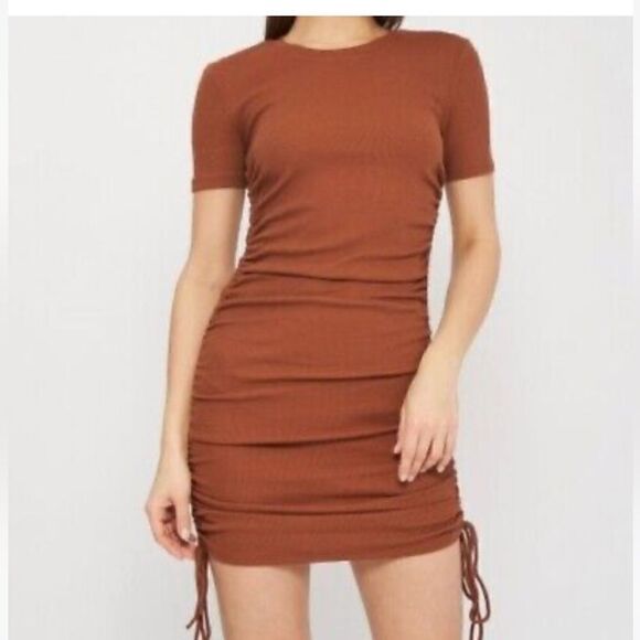 Zara Ruched Ribbed Mini Dress Brown Worn Once - Picture 3 of 5